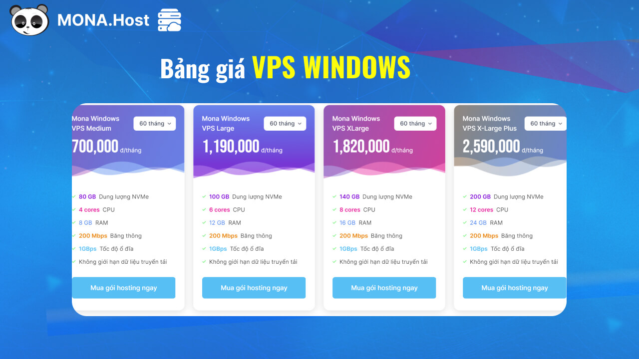 Bảng giá khi mua VPS Windows chất lượng cao tại MONA Host