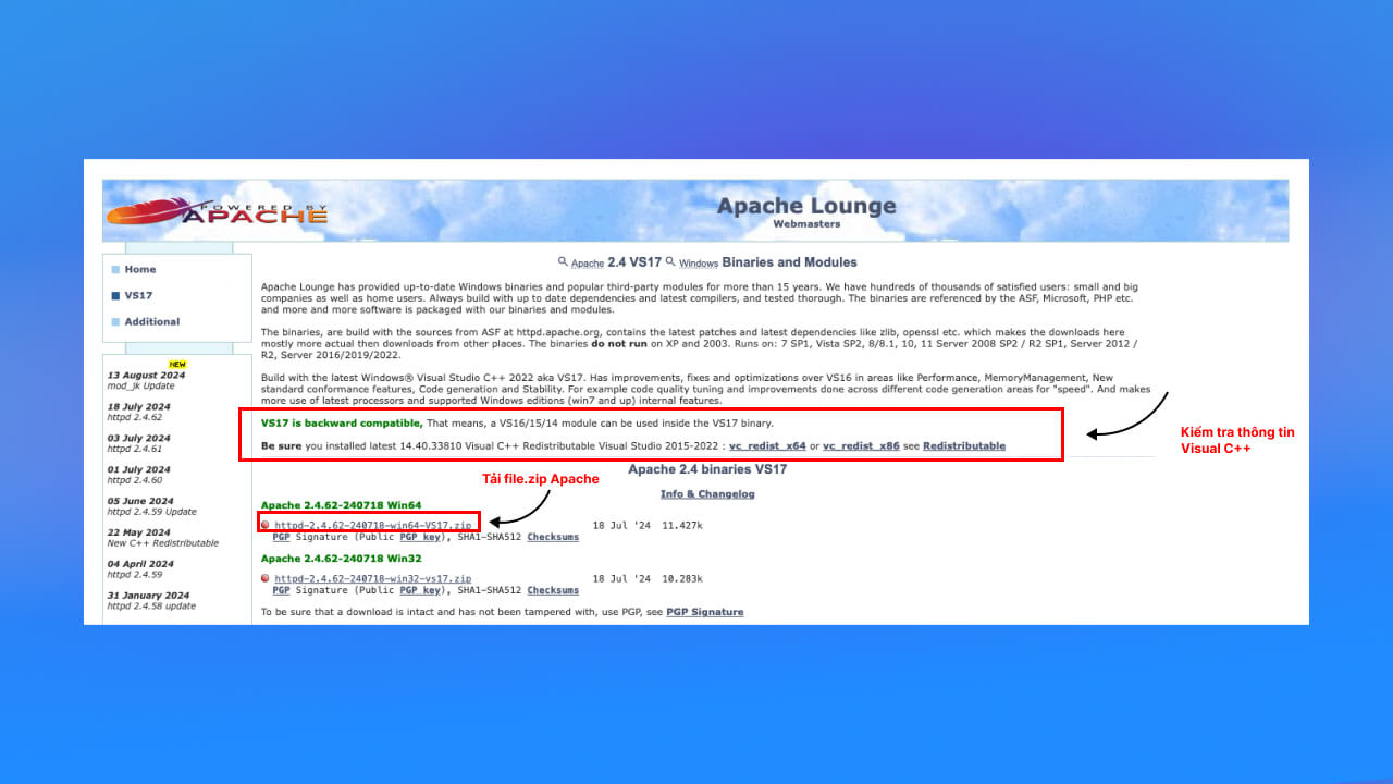 chọn phiên bản Apache có khả năng tương thích với hệ điều hành Windows