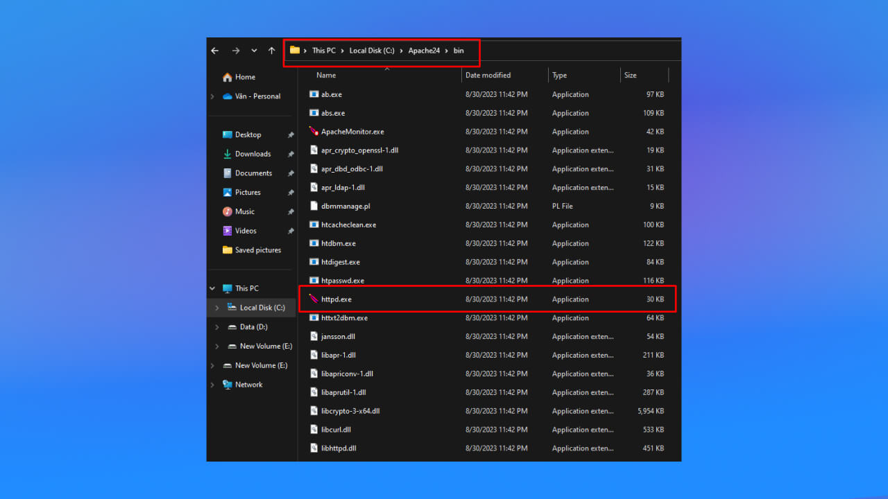 khởi chạy file httpd.exe trong thư mục C:\Apache24\bin 