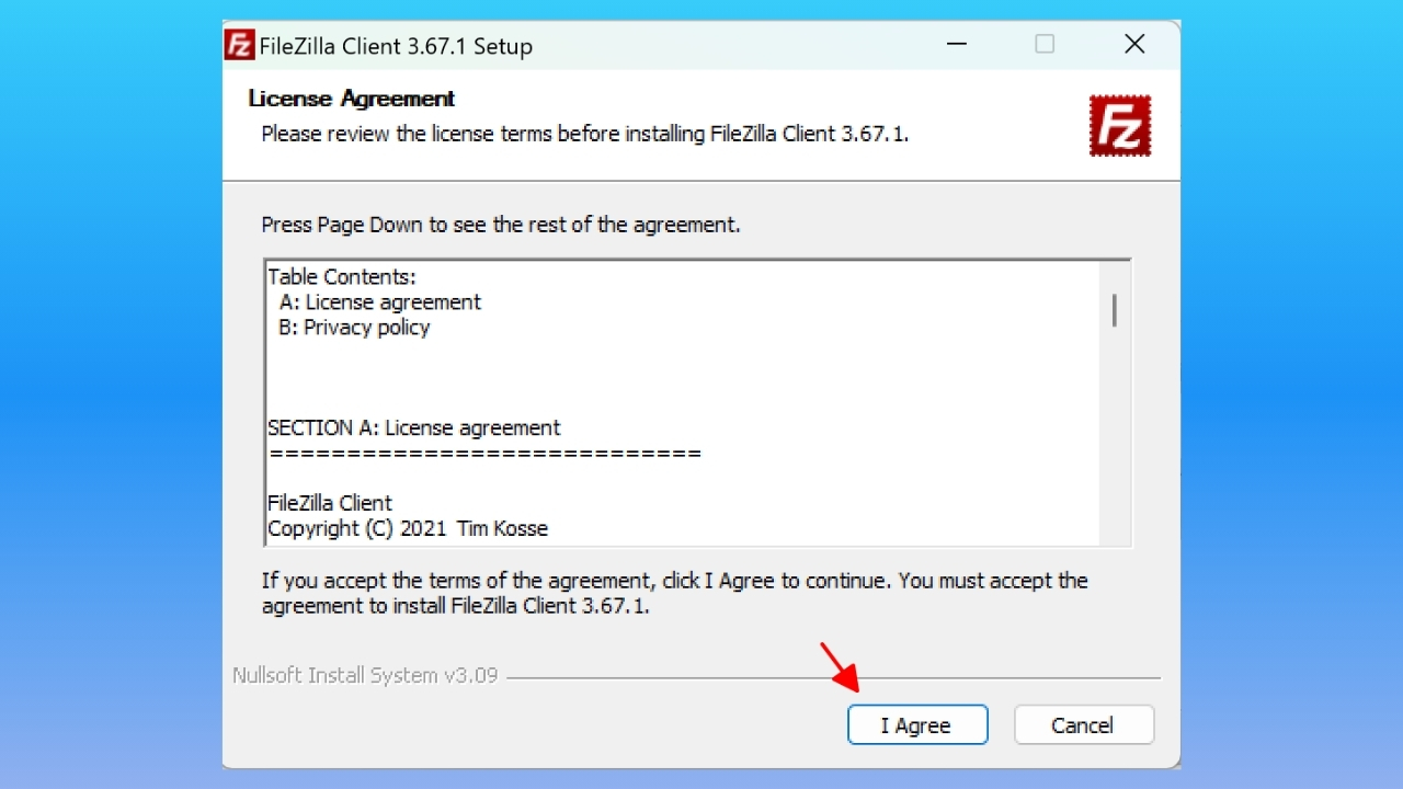 Nhấp vào dòng nút “I Agree” để chấp nhận các điều khoản và thỏa thuận cấp phép của Filezilla