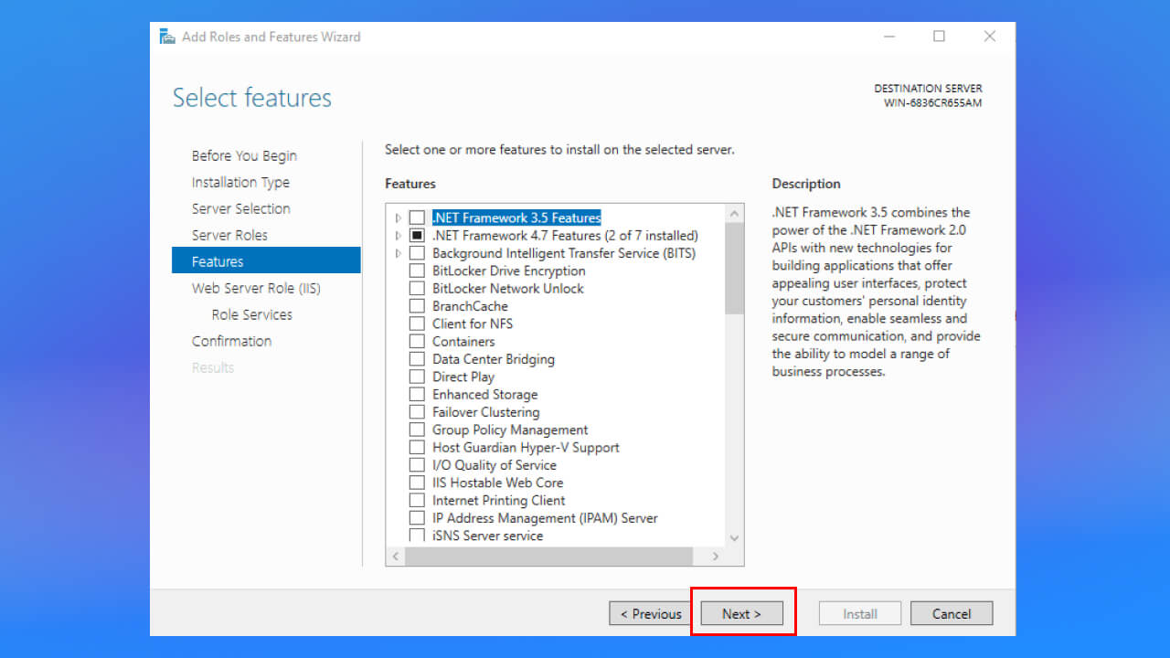 chọn IIS Management Console, click vào Add  Features