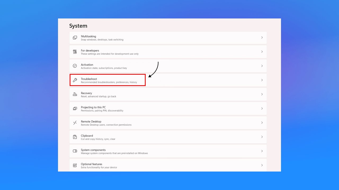 Tại “System”, bấm chọn mục “Troubleshooter”. 