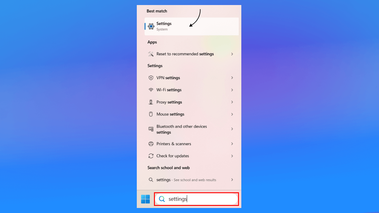  trên thanh taskbar, nhập và chọn “Settings”. 