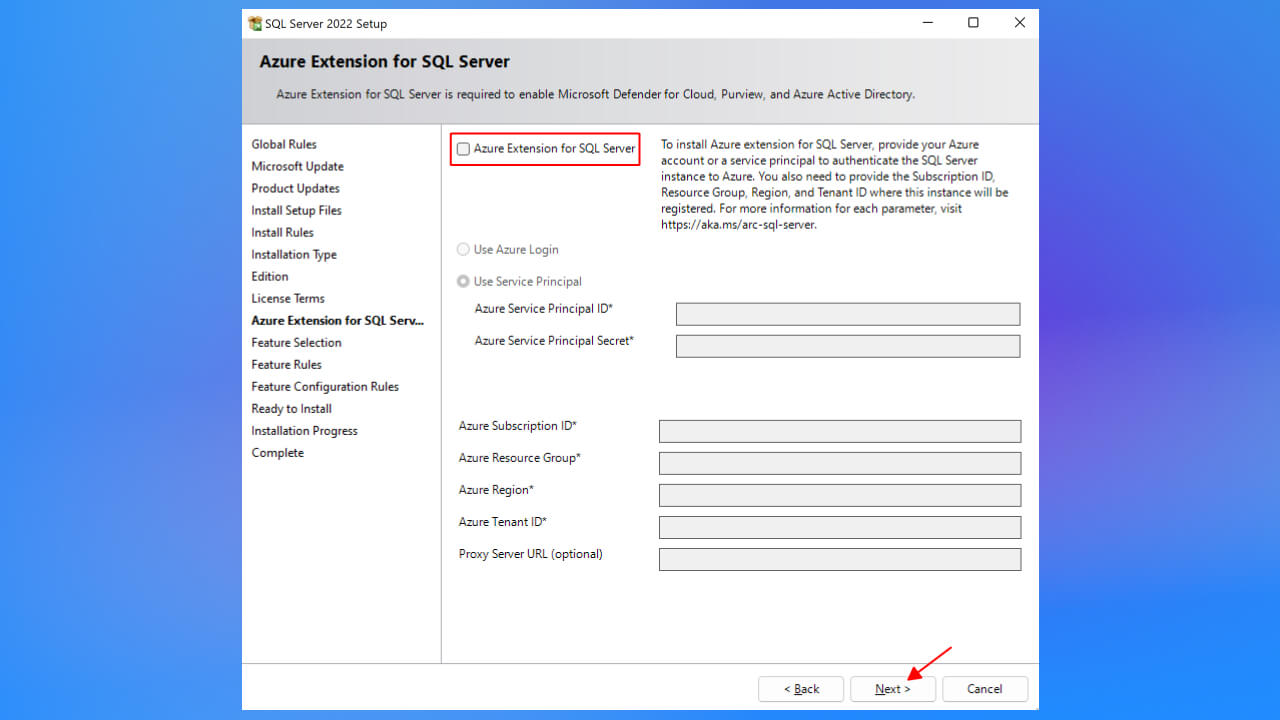 Bỏ chọn Azure extensions for SQL Server và bấm Next.