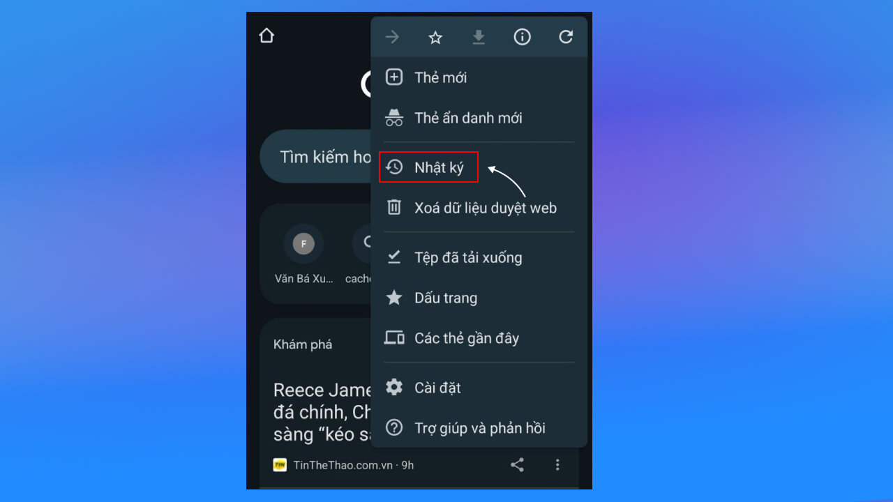 mở trình duyệt Google Chrome trên điện thoại Android chọn mục nhật ký