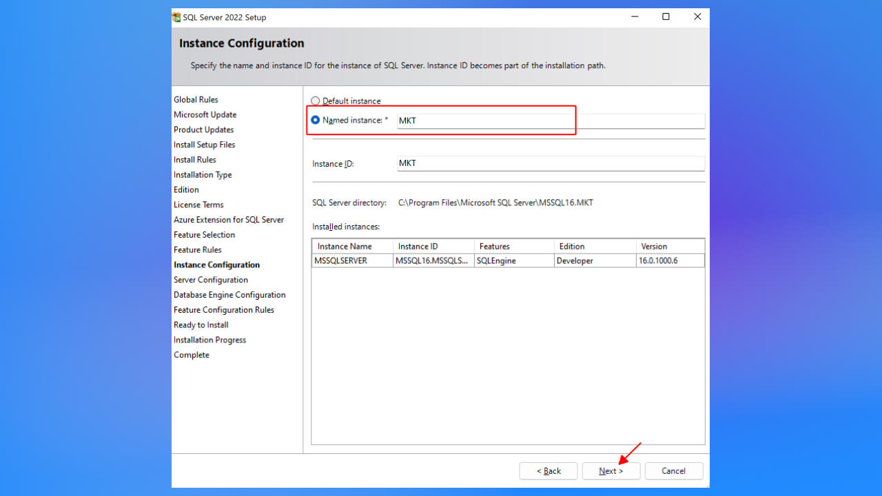 Đặt tên cho Instance (tên tùy chọn, không dấu và không khoảng trắng), sau đó nhấn Next cho đến phần Database Engine Configuration.