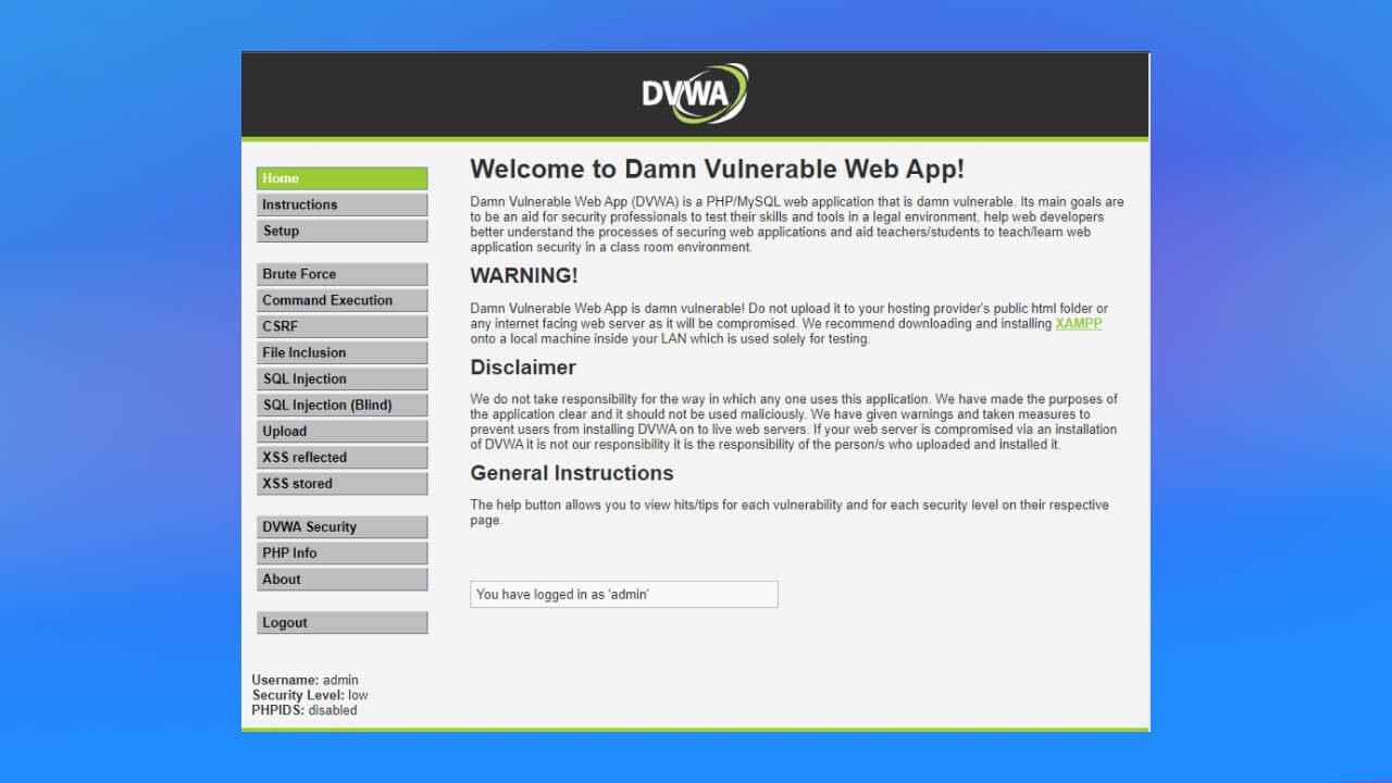 giao diện của trang web Damn Vulnerable Web Application