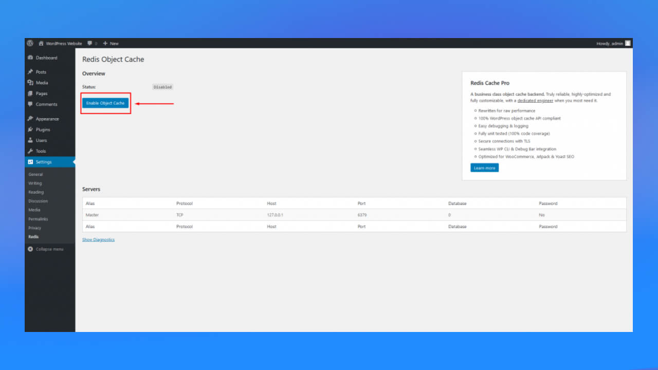 Kích hoạt kết nối Redis cache