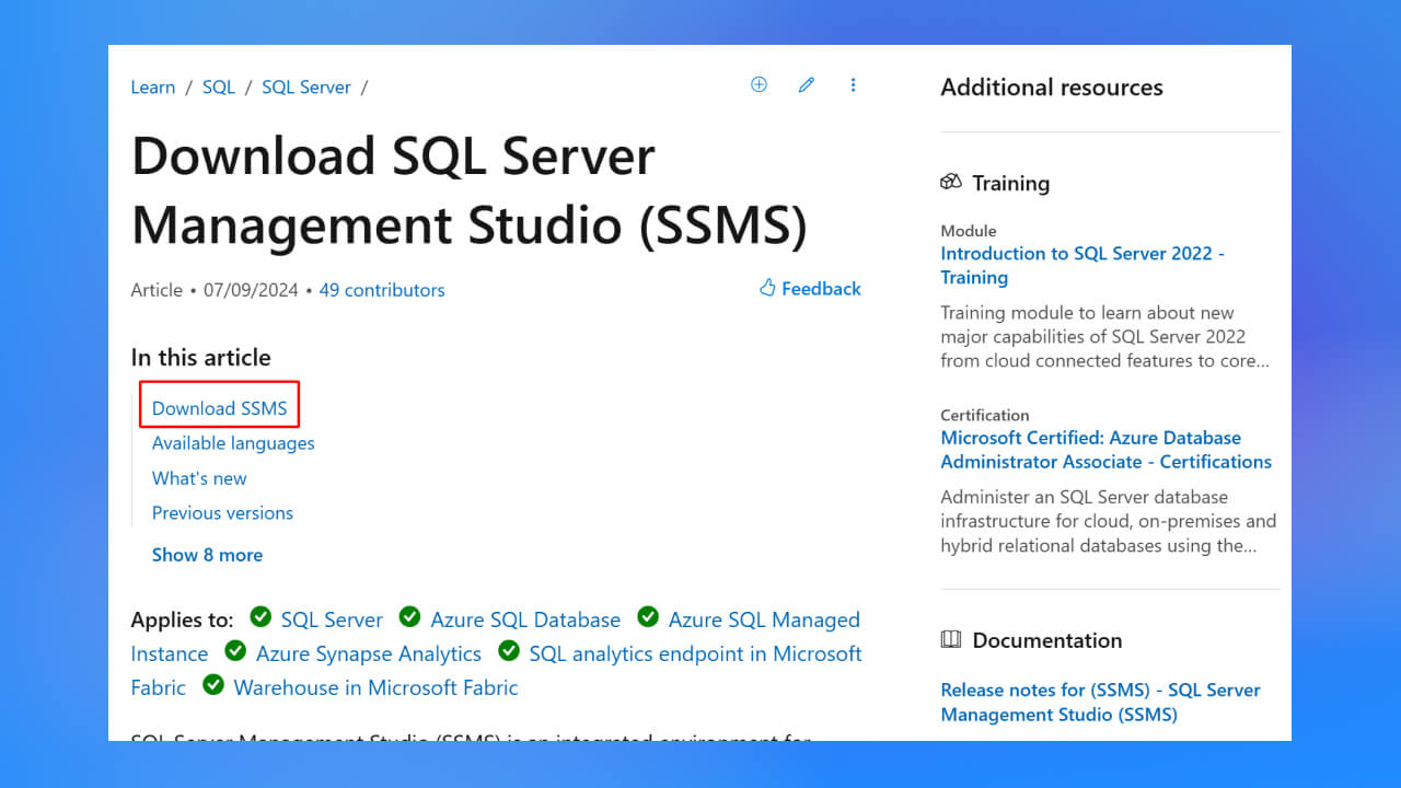 Nhấp chọn Download SQL Server Management Studio (SSMS) để bắt đầu tải file cài đặt.