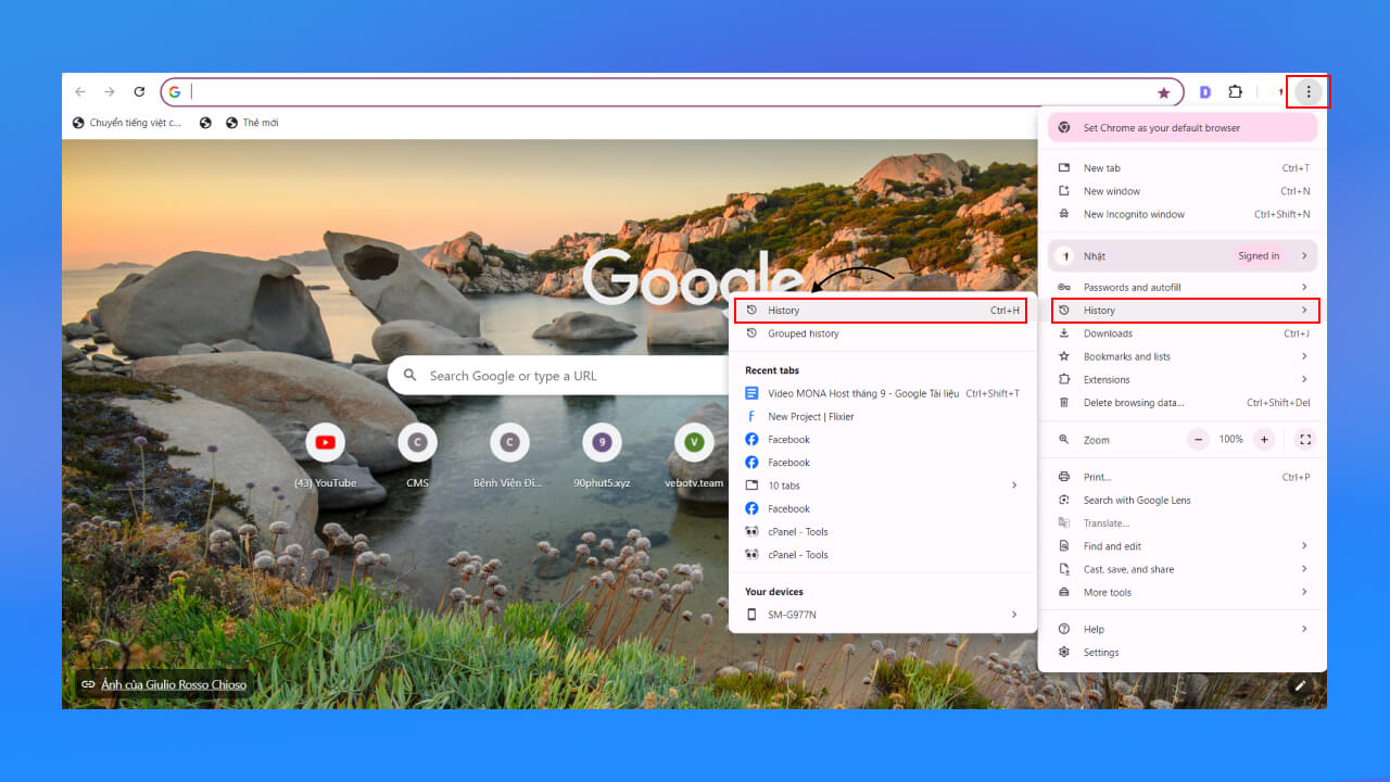 Trên thanh menu của trình duyệt, nhấp vào biểu tượng ba chấm dọc ở góc trên bên phải > Chọn History > Nhấn vào History.