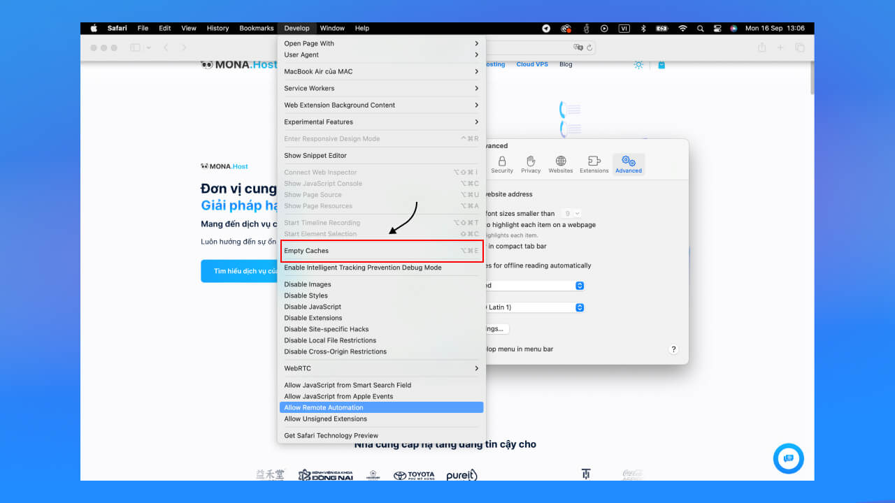 Nhấp vào Develop trong thanh menu và chọn Empty Caches.