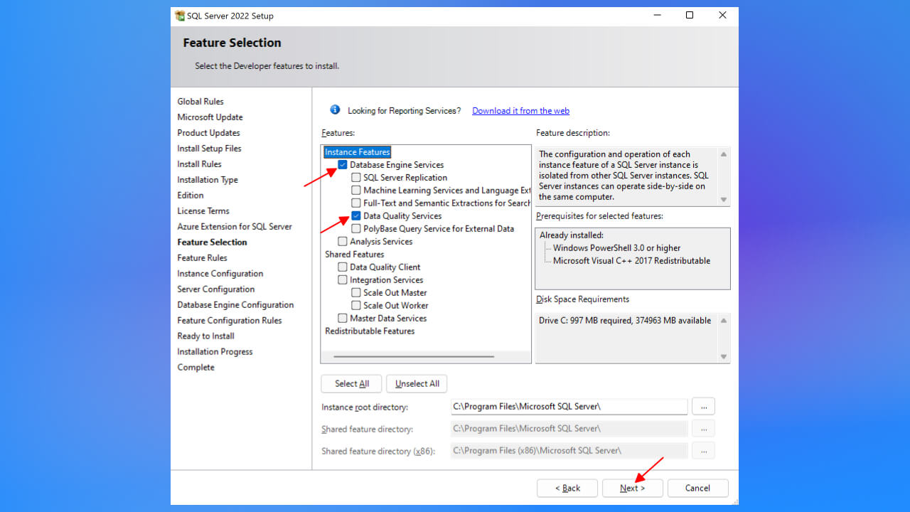 Tại Feature Selection, chọn các tính năng cần thiết. Nếu chỉ cần cài SQL Server cơ bản, hãy chọn Database Engine Services và Data Quality Client, rồi bấm Next.