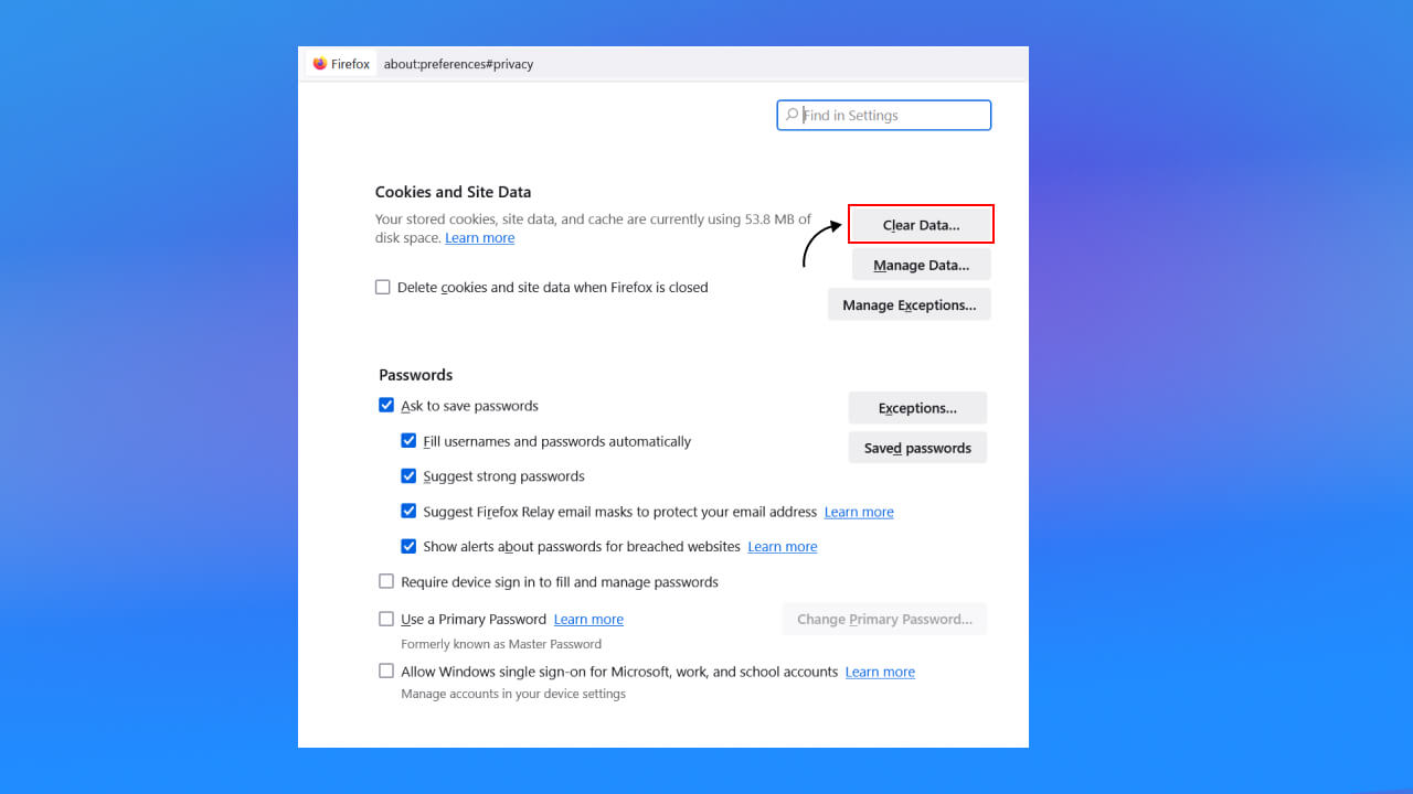 Tại mục Cookies and Site Data, nhấn vào nút Clear data