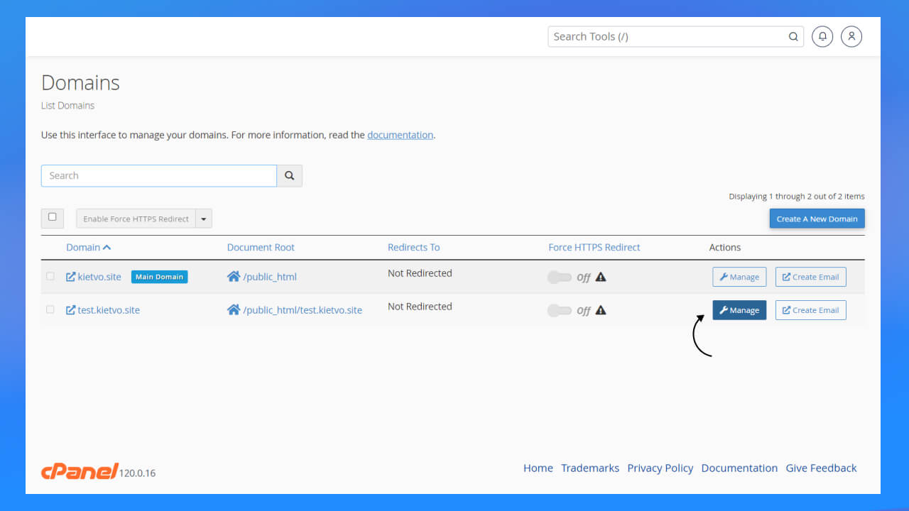 Tìm kiếm subdomain hay addon domain bạn cần xóa sau đó chọn Manage