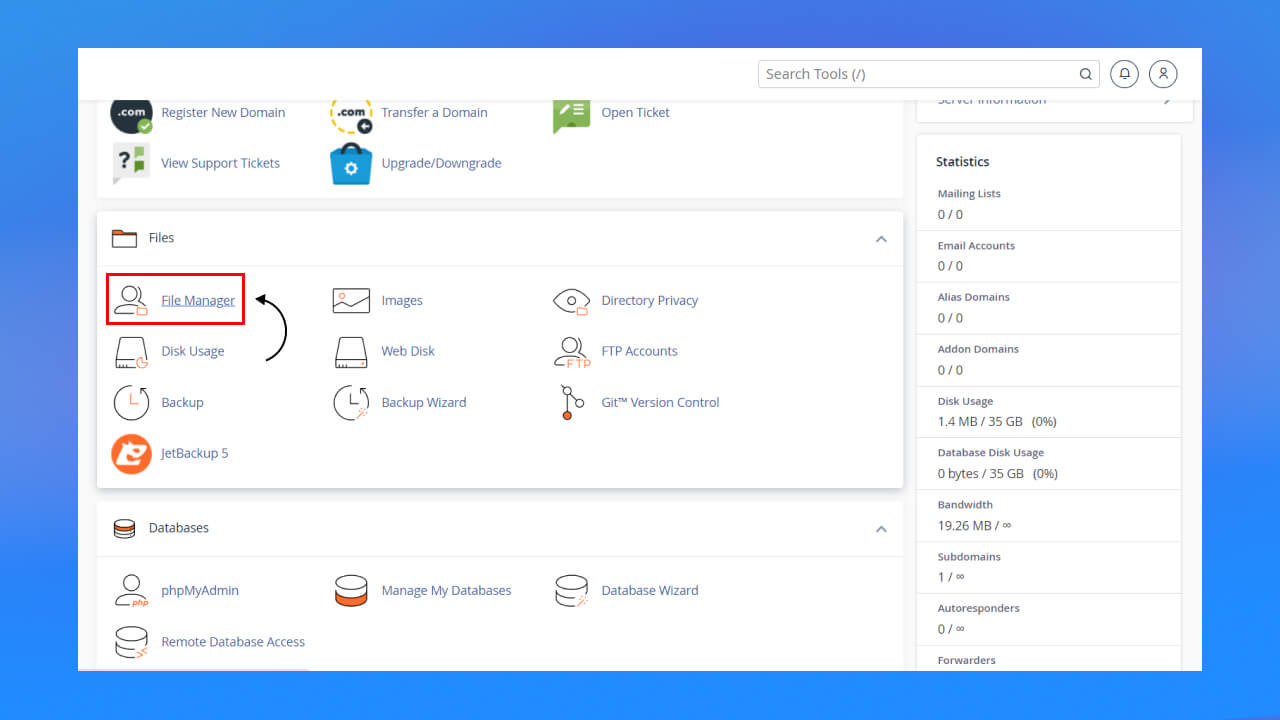 truy cập vào cPanel và chọn File Manager