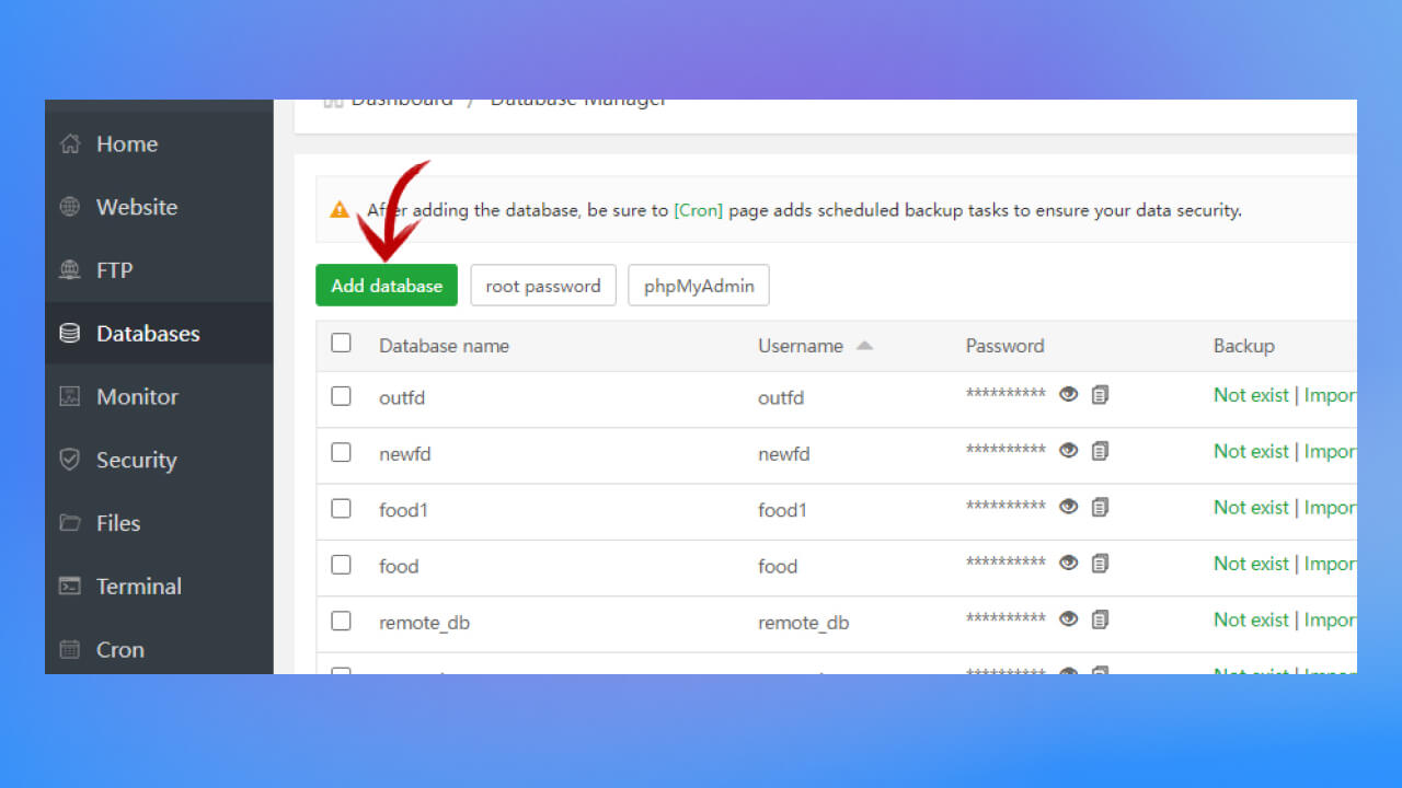 Truy cập vào trang chủ và chọn Database => Add Database.