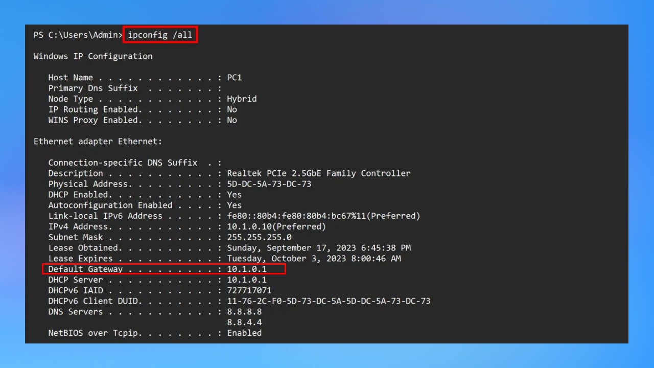 Sử dụng lệnh ipconfig kiểm tra Default Gateway