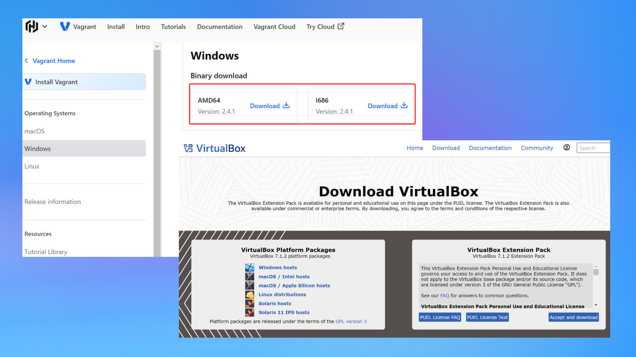 tải về và cài đặt hai phần mềm Vagrant và Virtualbox