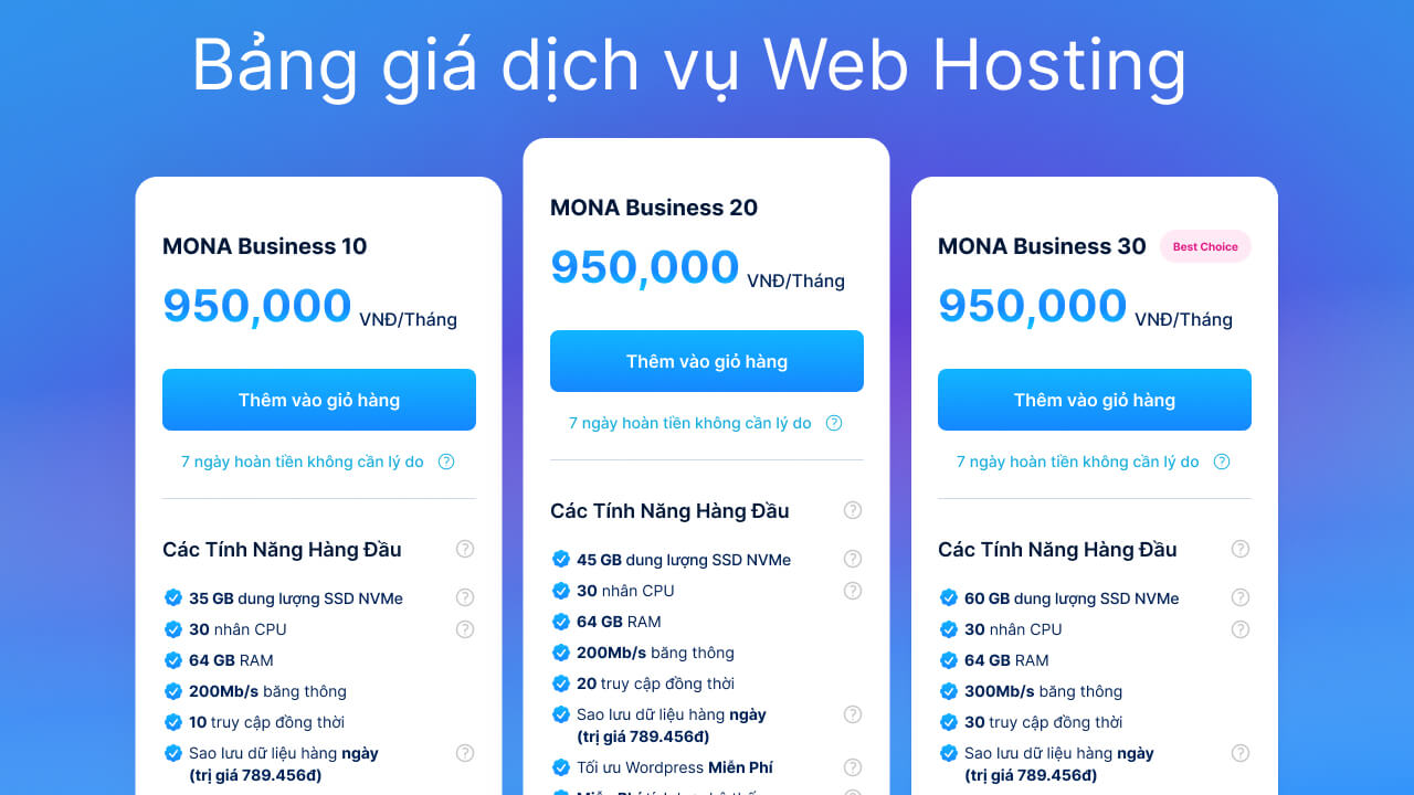 Bảng giá dịch vụ Web Hosting tại MONA Host