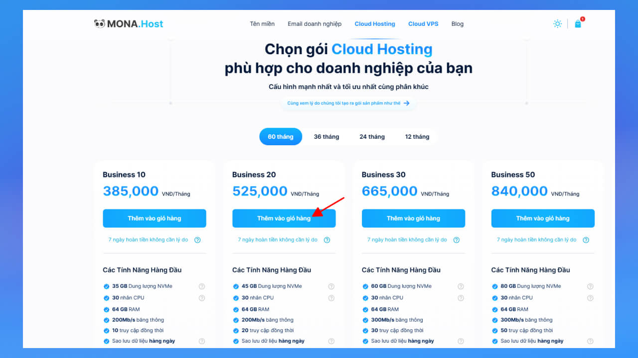 lựa chọn gói Web Hosting phù hợp với nhu cầu sử dụng. Sau đó nhấn vào nút Thêm vào giỏ hàng