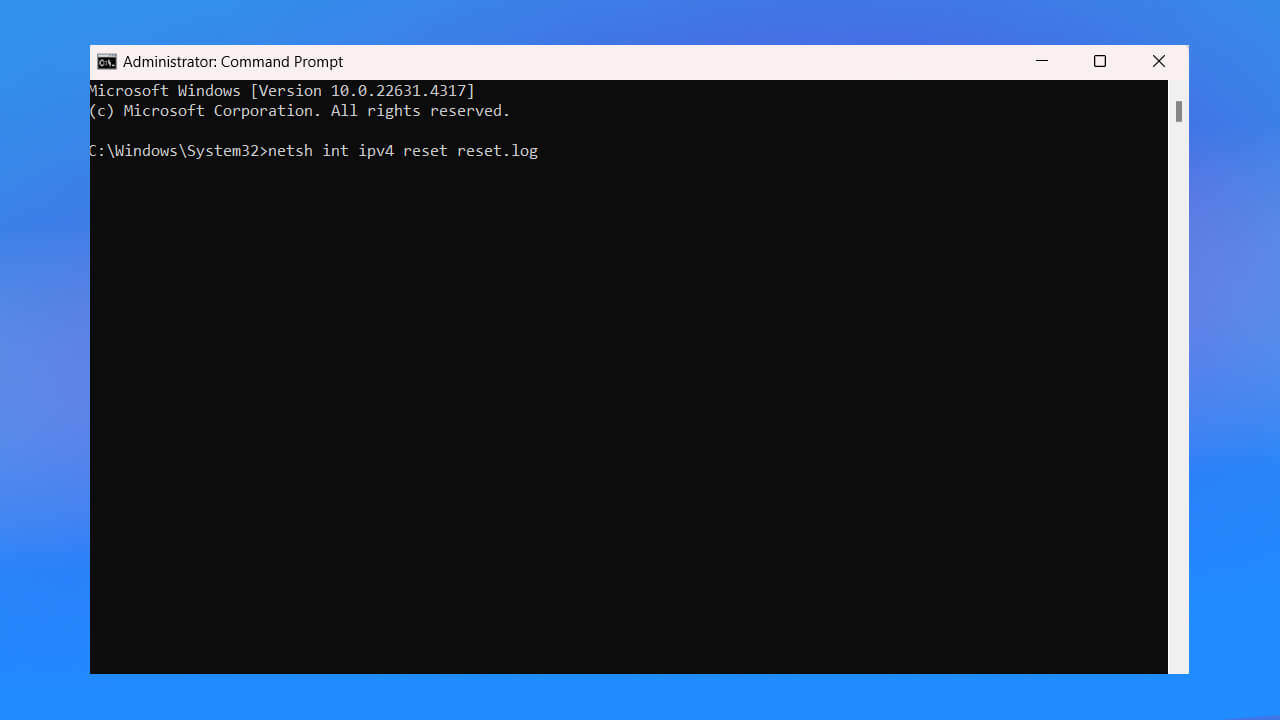 Sau khi máy tính khởi động lại, mở lại Command Prompt với quyền quản trị và nhập tiếp lệnh sau: netsh int ipv4 reset reset.log