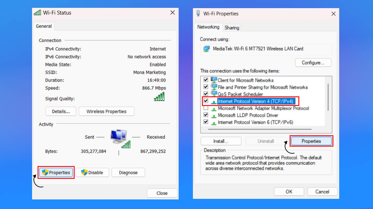 Ở tab Properties, chọn Internet Protocol Version 4 (TCP/IPv4) và nhấn vào Properties.