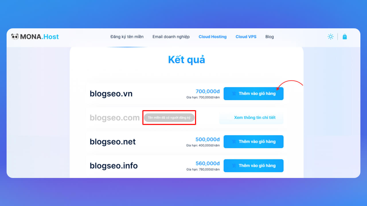 Khi chọn được tên miền ưng ý, bạn nhấn chọn Thêm vào giỏ hàng.