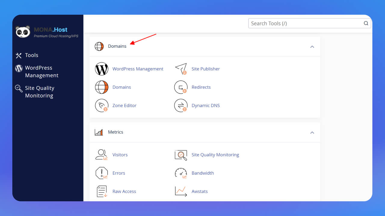 Trong giao diện cPanel, tìm mục Domains nhấn chọn Domains 