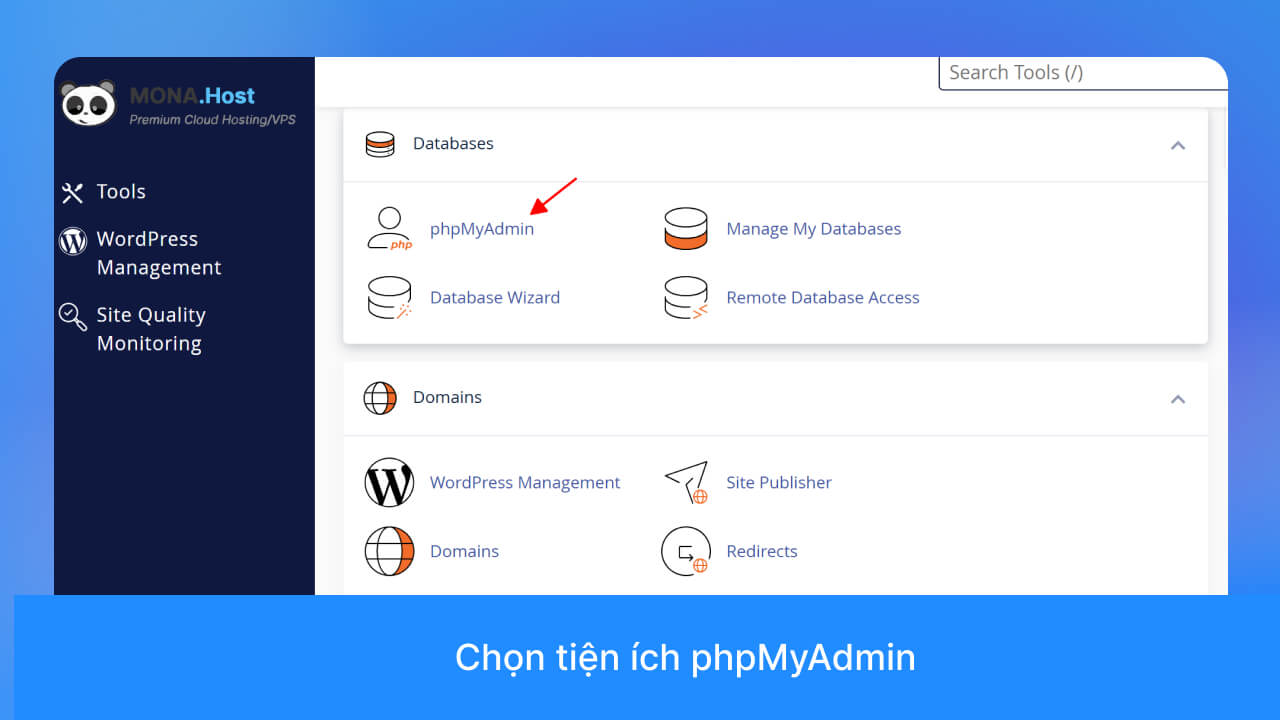 truy cập thông qua cPanel và tìm tiện ích phpMyAdmin.