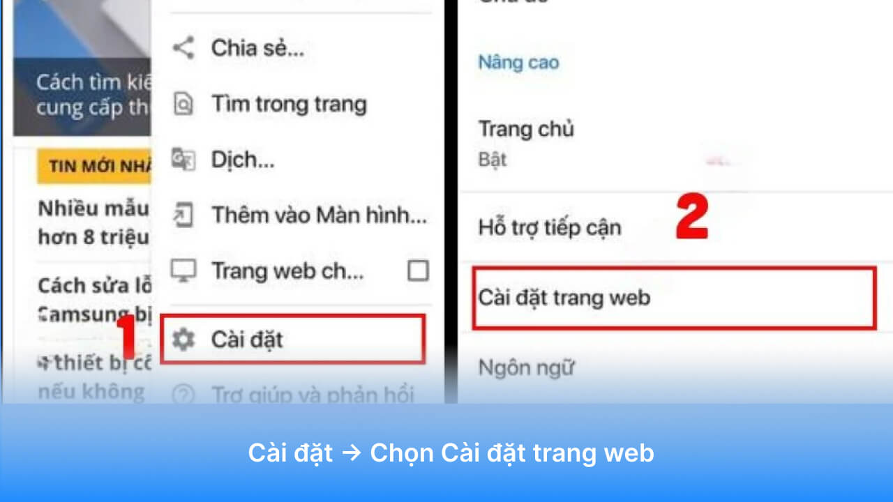 Nhấn vào Cài đặt (Settings) → Chọn Cài đặt trang web (Site settings).