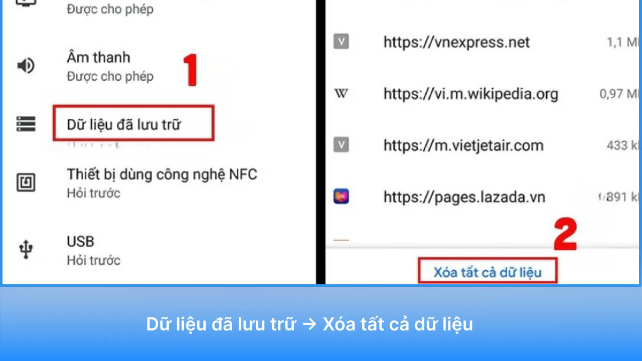 Vào Dữ liệu đã lưu trữ (Stored Data) → Chọn Xóa dữ liệu duyệt web (Clear browsing data).