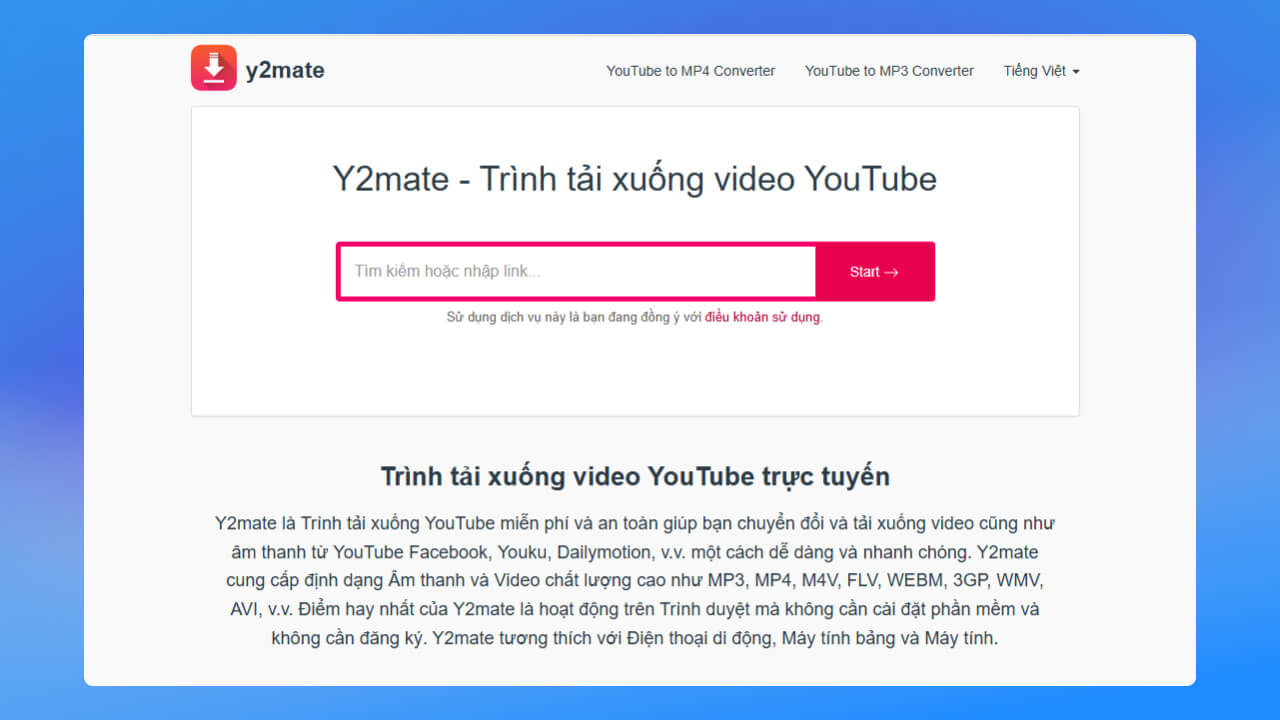 download video trên web Y2Mate