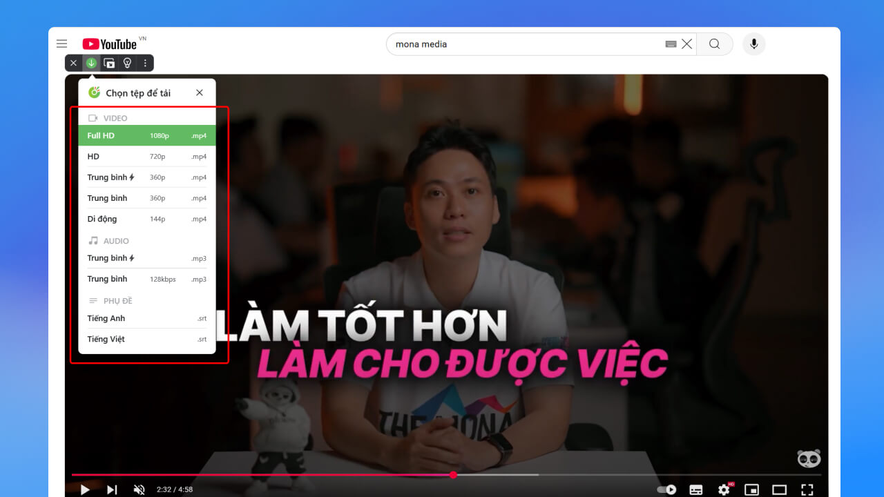  chọn chất lượng video youtube cần tải