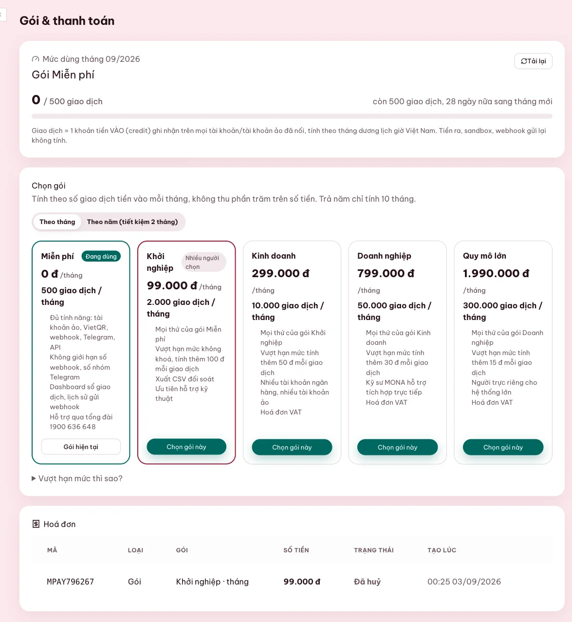 Năm gói MONA Pay cho website bán hàng