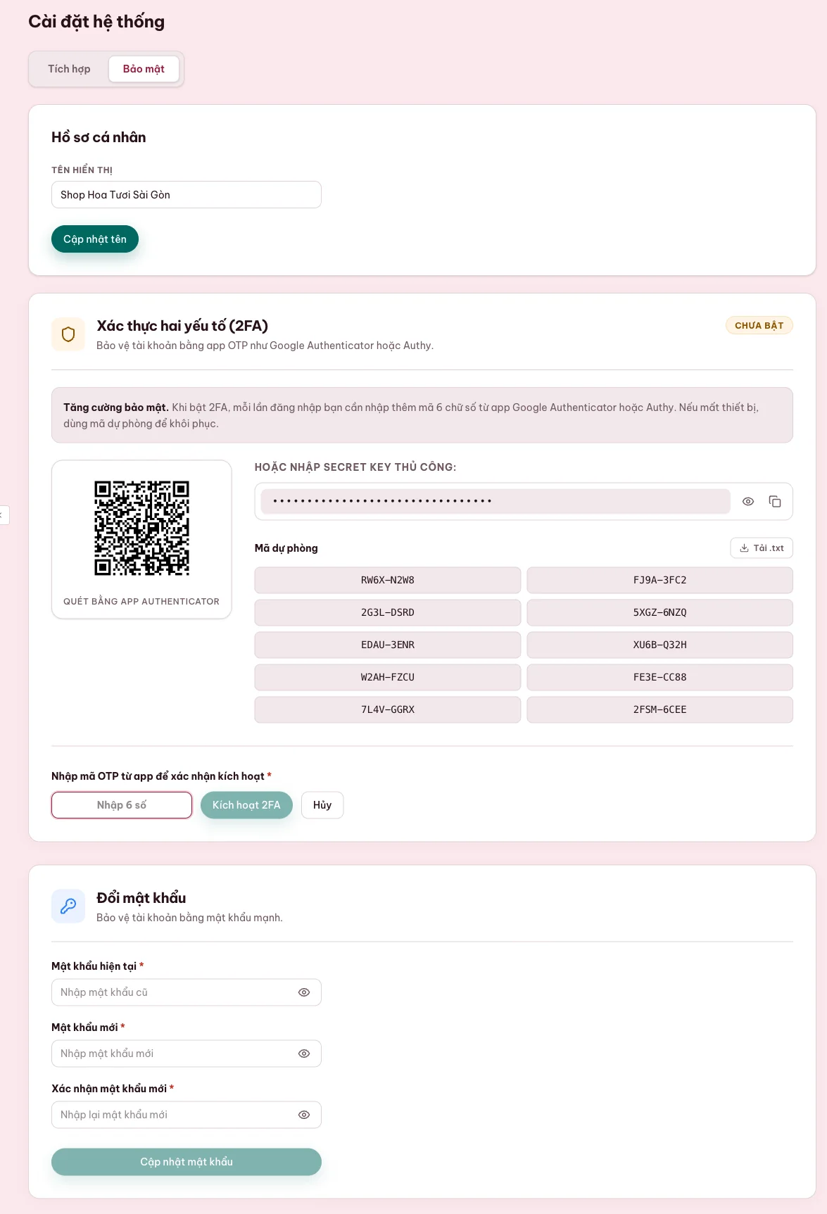Màn hình bật xác thực hai lớp cho MONA Pay