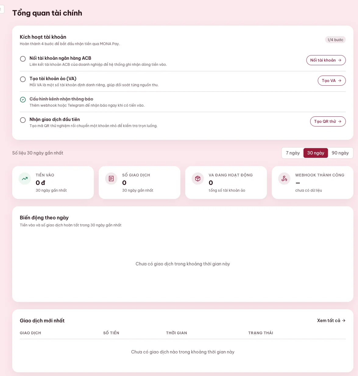 Dashboard MONA Pay hướng dẫn kích hoạt nhận tiền cho website