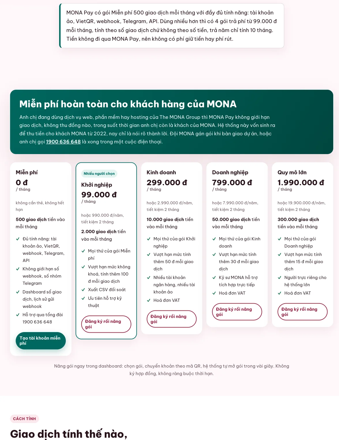 Bảng phí MONA Pay tính theo khoản tiền vào