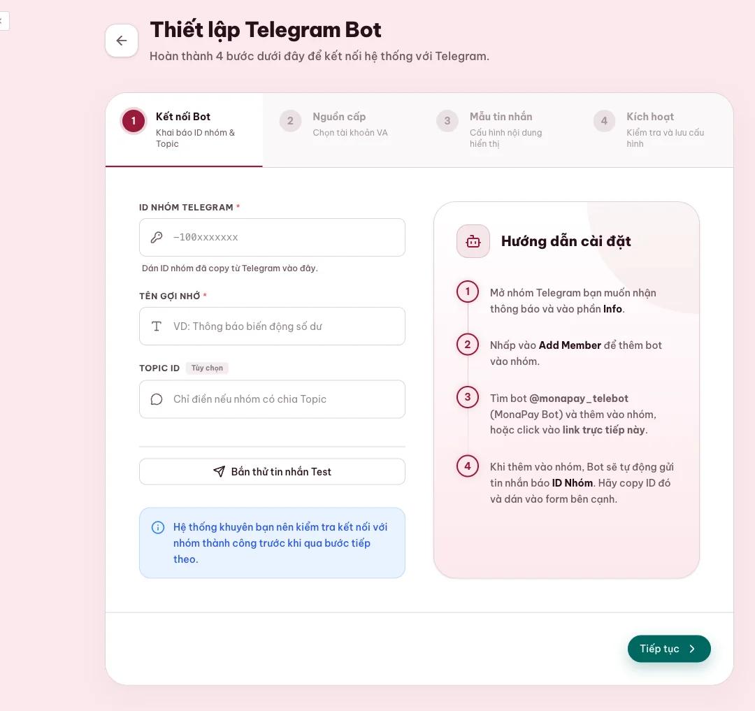 Thiết lập Telegram báo tiền về cho chủ shop