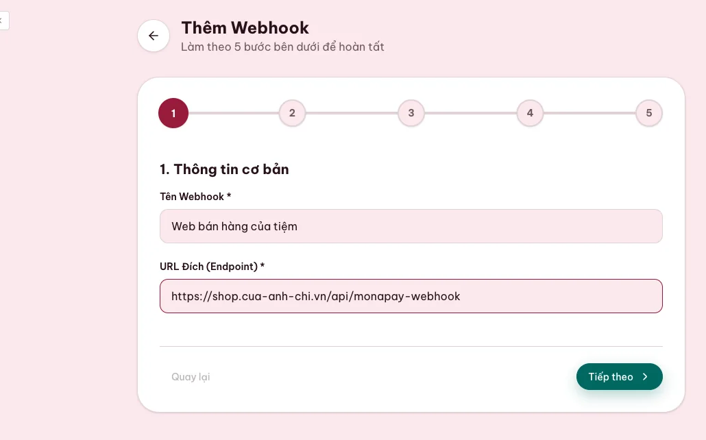 Bước nhập địa chỉ webhook của website WordPress