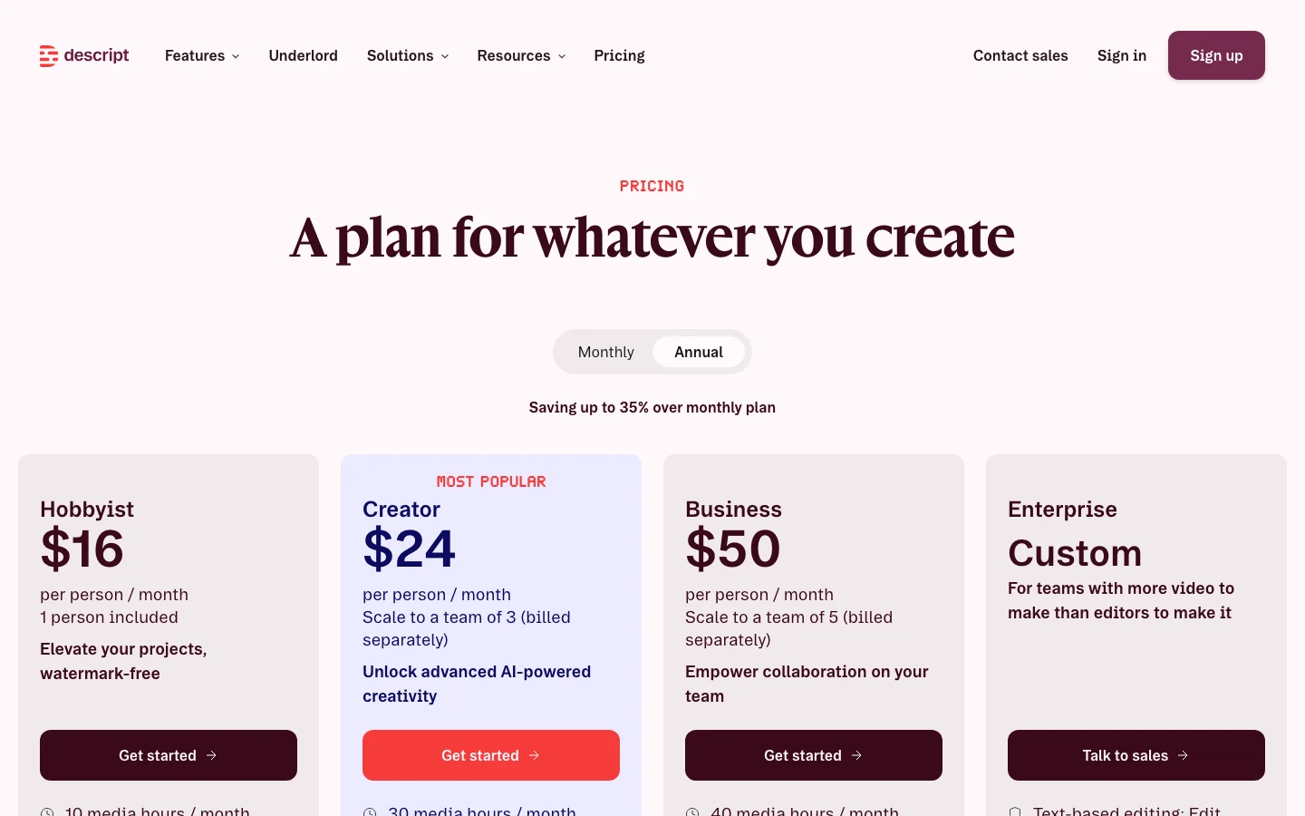 Bảng giá Descript trả năm gồm Hobbyist, Creator, Business và Enterprise