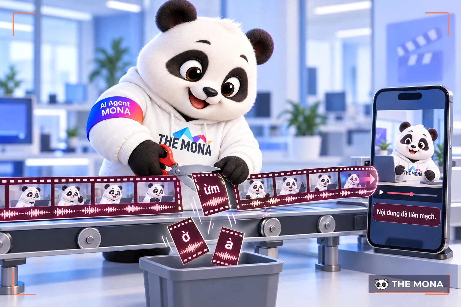 Gấu MONA nhìn băng video cắt rời các tiếng ờ, à, ừm rơi xuống thùng