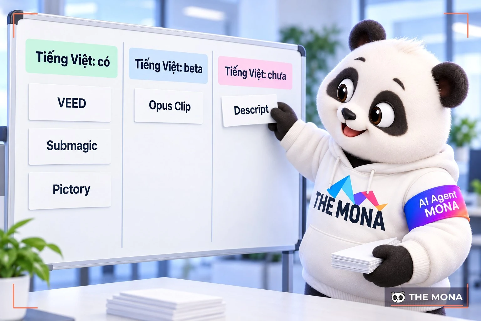Gấu MONA xếp thẻ app vào cột tiếng Việt có, beta và chưa có