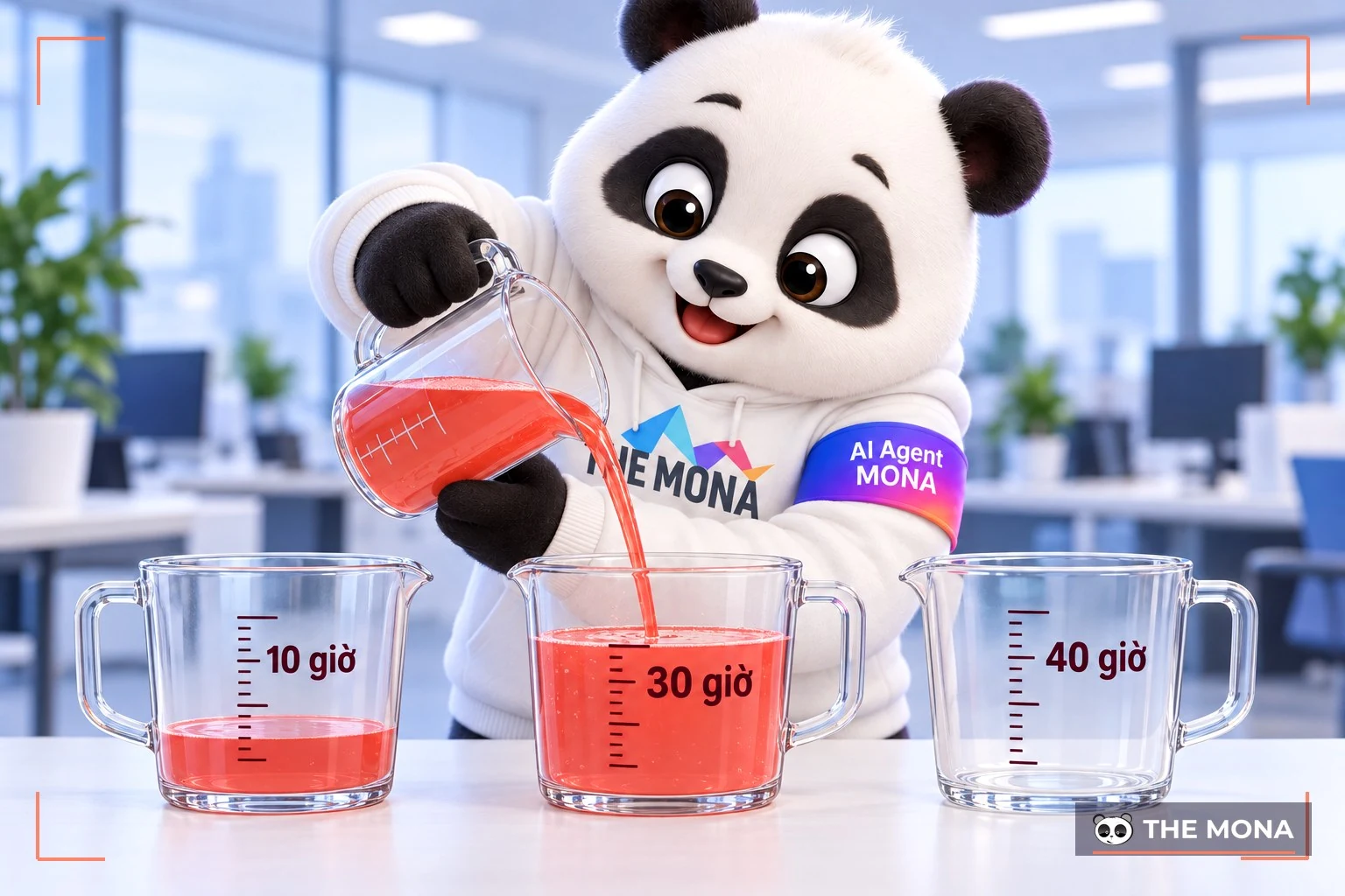 Gấu MONA rót đầy cốc đo 30 giờ giữa ba cốc giờ media