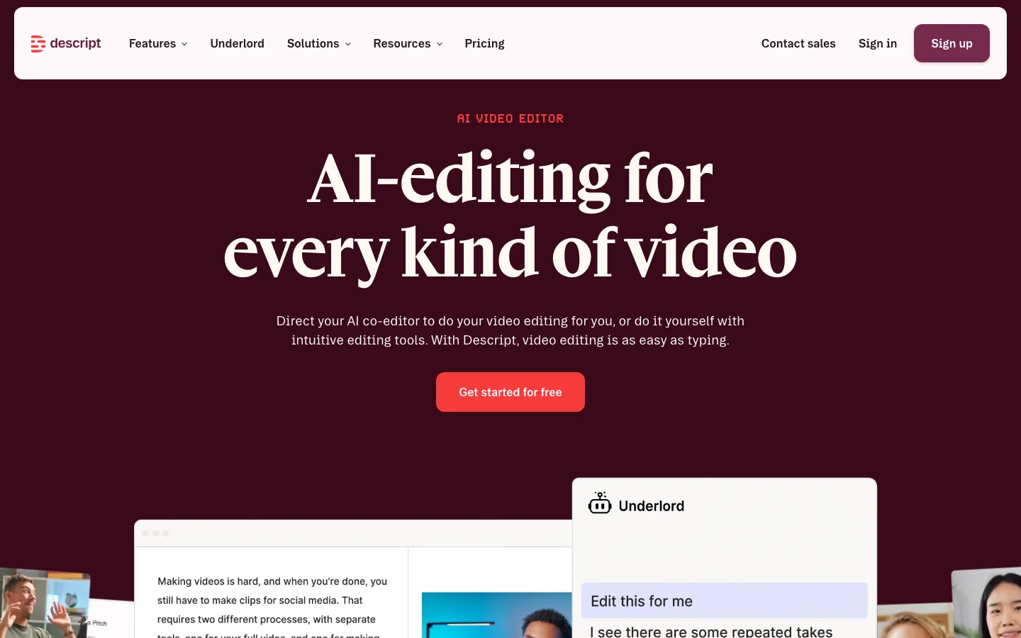 Trang chủ Descript ngày 16/10/2026 với khẩu hiệu AI editing for every kind of video