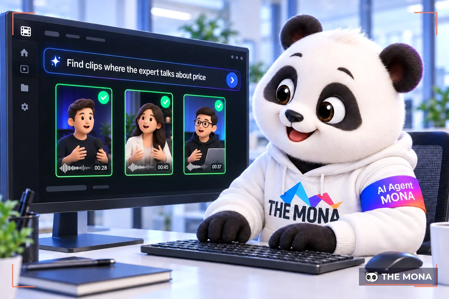 Gấu MONA gõ câu lệnh ClipAnything, màn hình hiện 3 clip được chọn