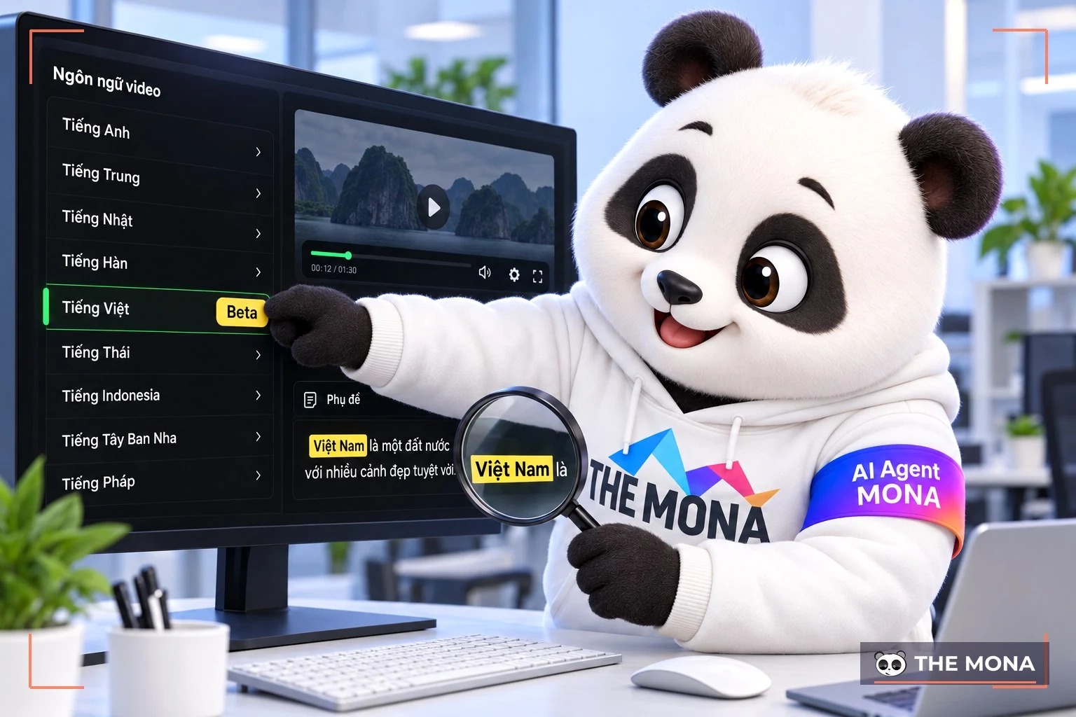 Gấu MONA dán nhãn Beta lên dòng Tiếng Việt và soi phụ đề bằng kính lúp