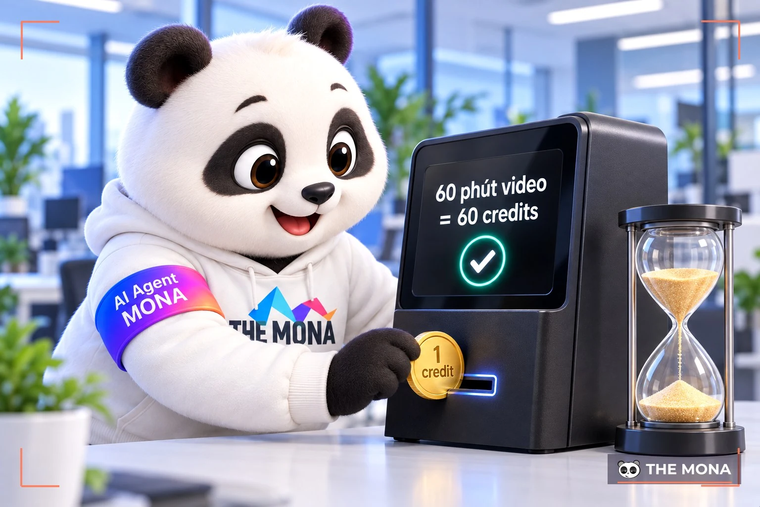Gấu MONA bỏ đồng credit vào máy, màn hình ghi 60 phút video bằng 60 credits