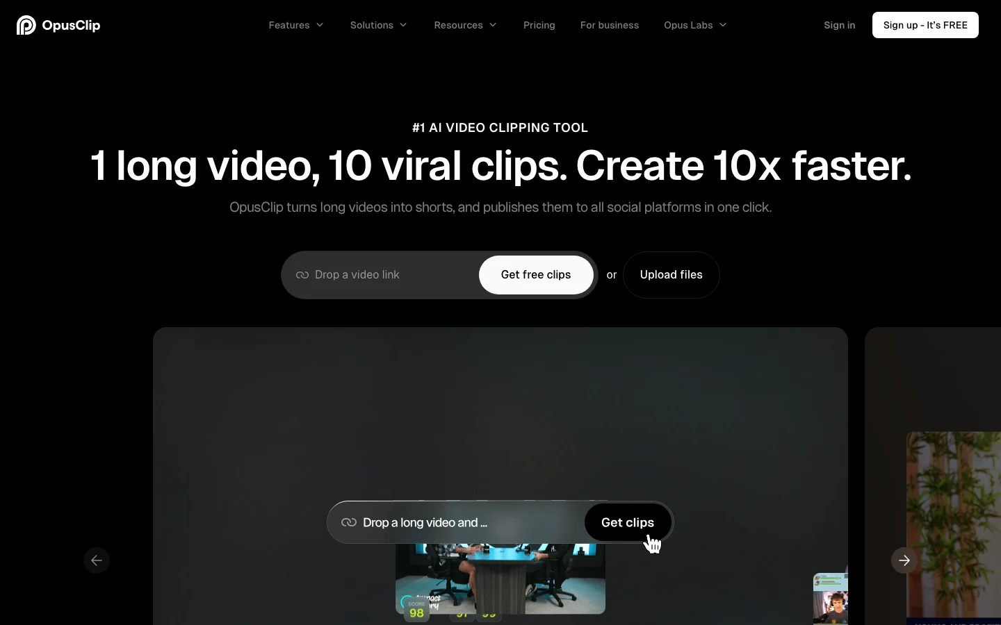 Trang chủ OpusClip ngày 16/10/2026 với lời mời cắt video dài thành clip ngắn