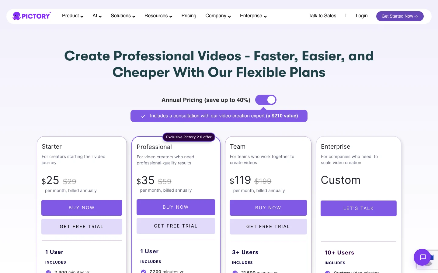 Bảng giá Pictory trả năm gồm Starter, Professional, Team và Enterprise