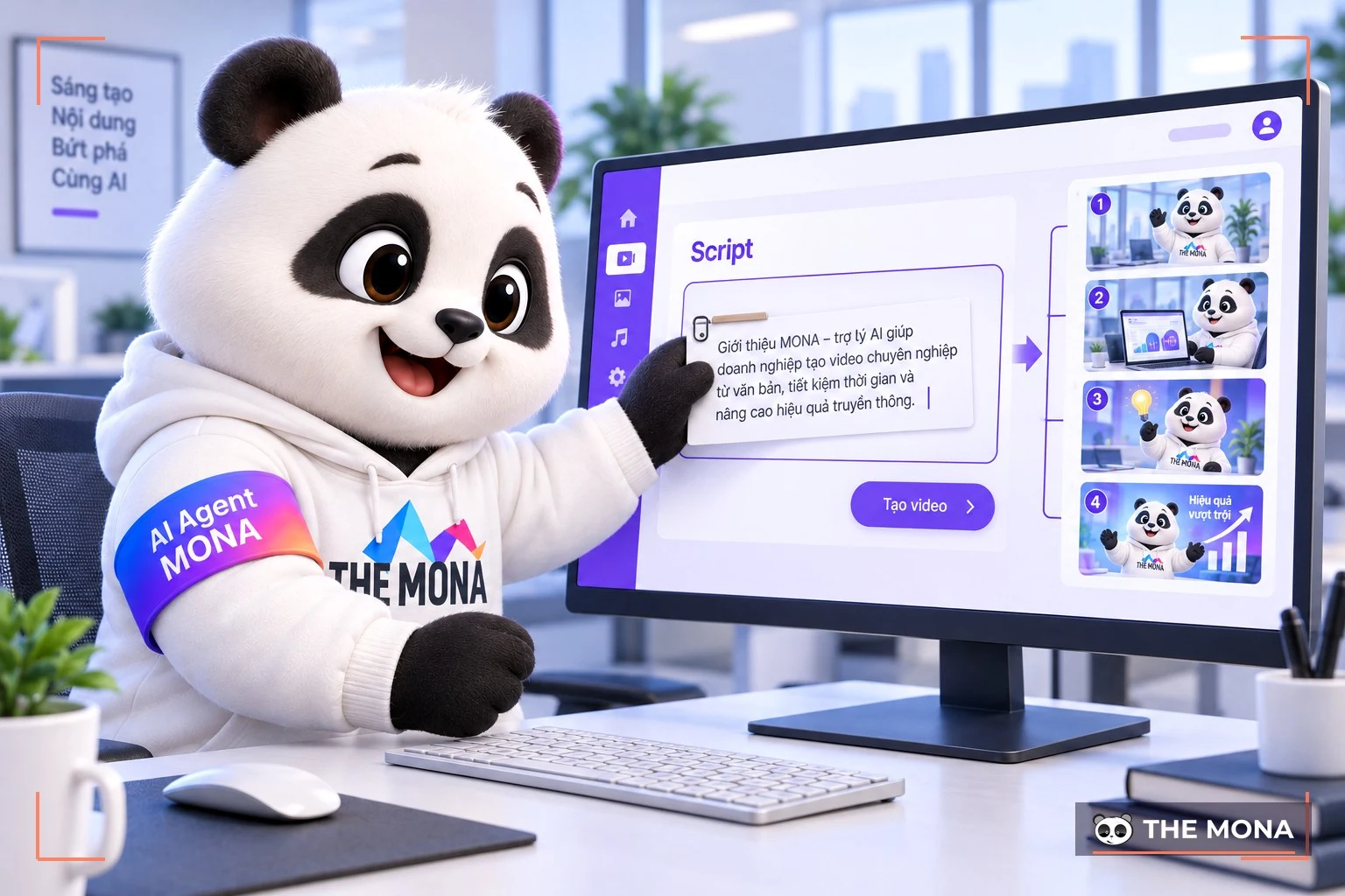 Gấu MONA dán đoạn kịch bản tiếng Việt vào ô Script, màn hình hiện 4 cảnh